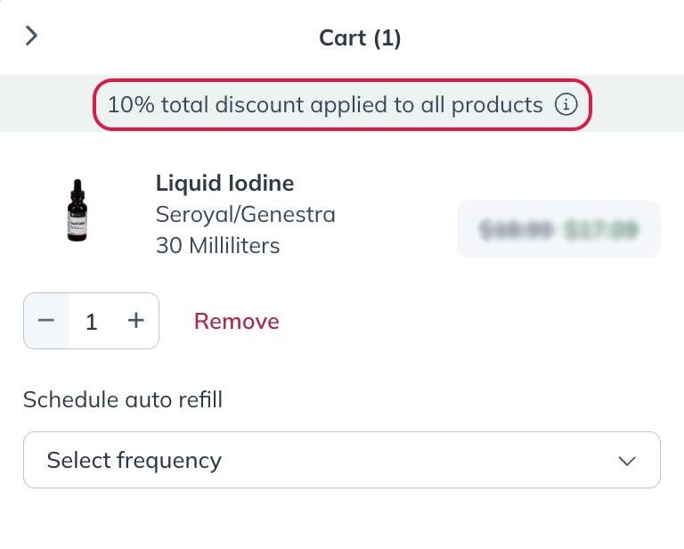 The cart of a patient that receives 10% off the retail cost of products ordered.