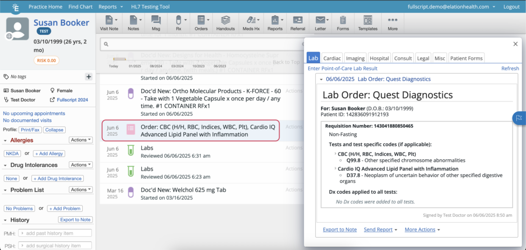 A lab order appearing in a patient's chronological record.