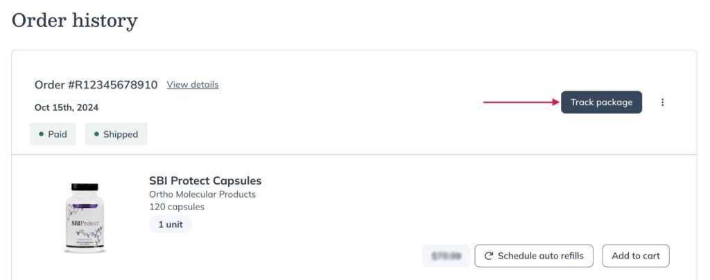 Tracking a past order from the Order history page in a patient account.