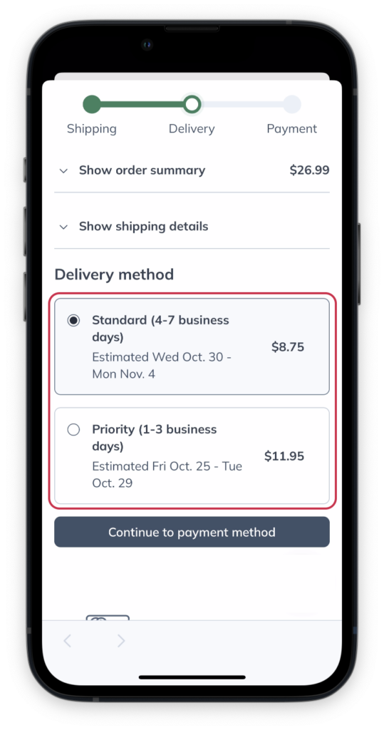 Delivery method selection in checkout.