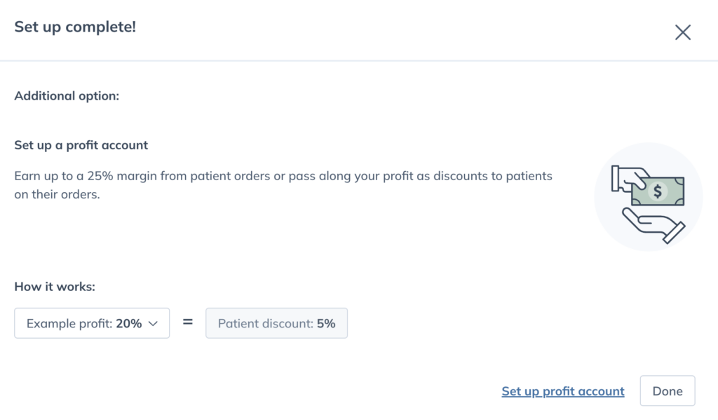 Setup complete! confirmation window with the option to set up a profit account.