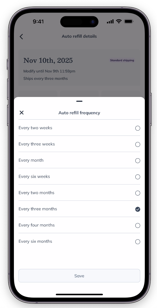 Selecting your auto refill frequency.