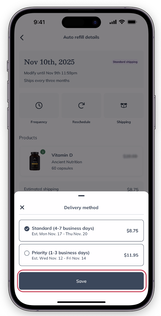 Saving your chosen delivery method.