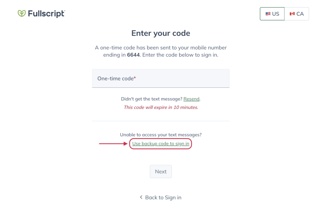 Click Use backup code to sign in.