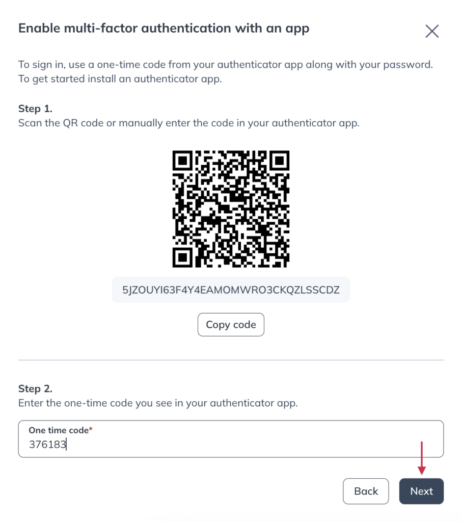 Using your mobile device, scan the QR code or manually enter the code in your authenticator app and click confirm.