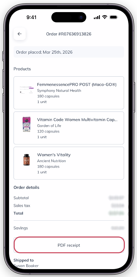 Tap PDF receipt from a past order to view a receipt.