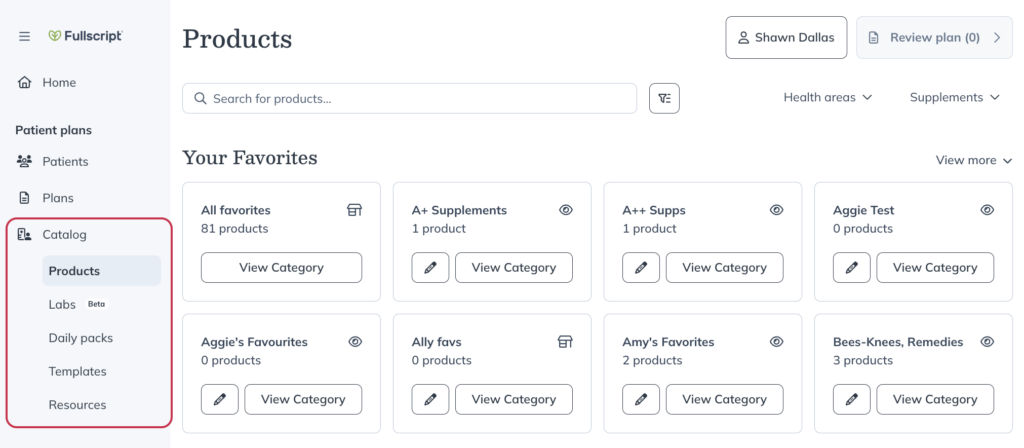 Browsing products, favorites, templates, and resources in the patient catalog tab.