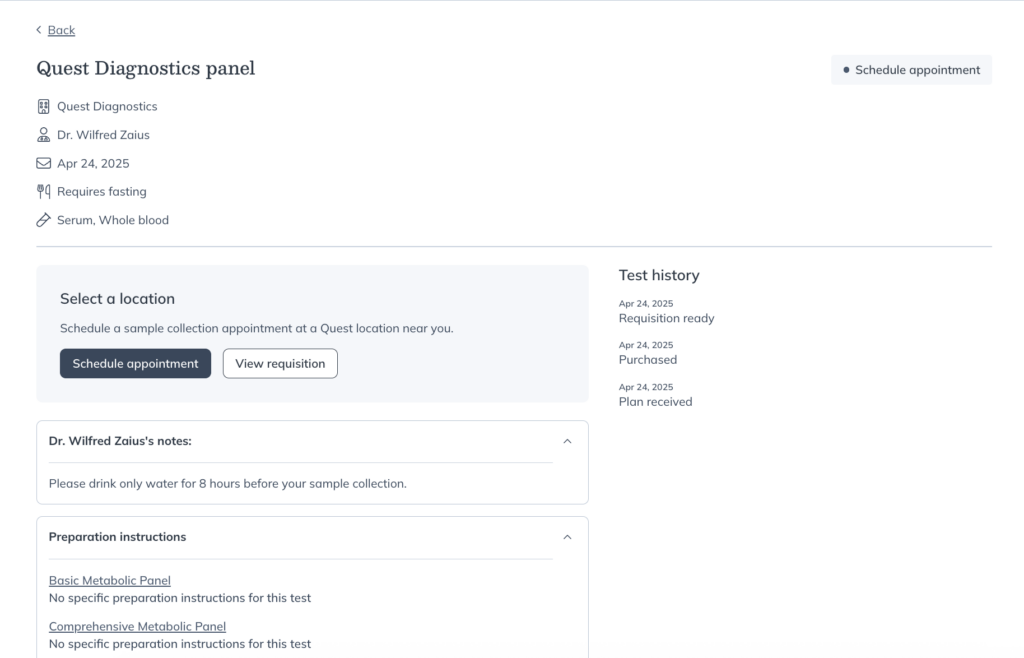 The patient test details page.