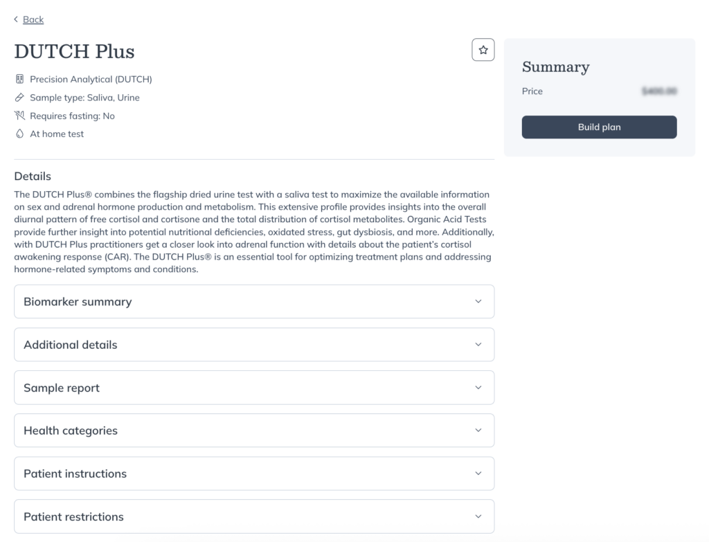The information page for the DUTCH Plus test.
