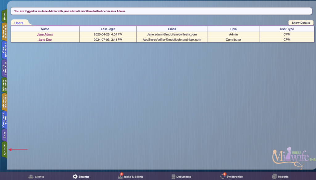 Accessing the account tab.