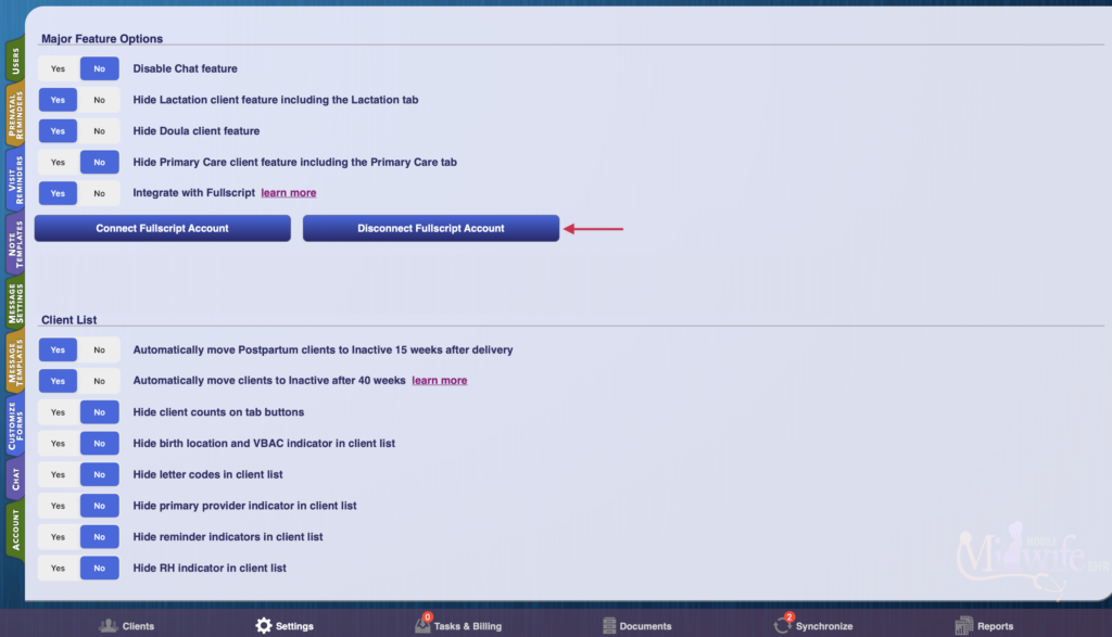 The Disconnect Fullscript Account button under the Major Feature Options section.