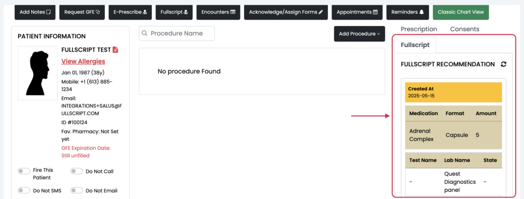 The Fullscript tab showing the recently sent plan.
