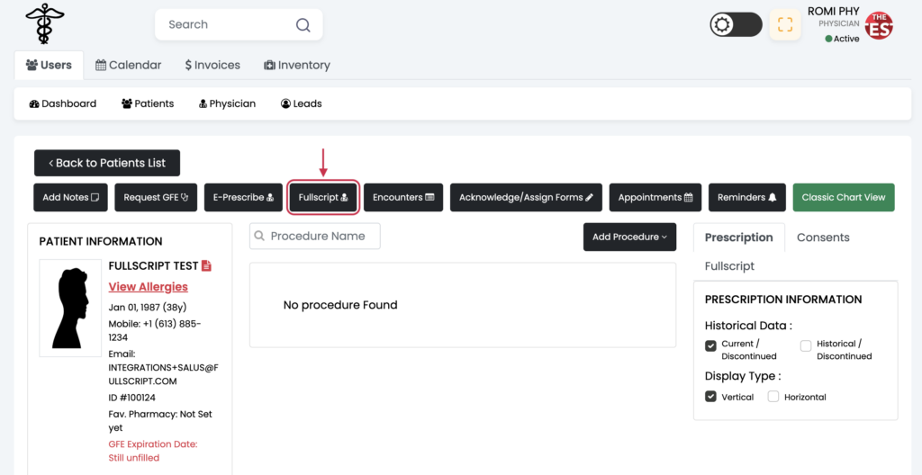 The Fullscript button in the patient profile.