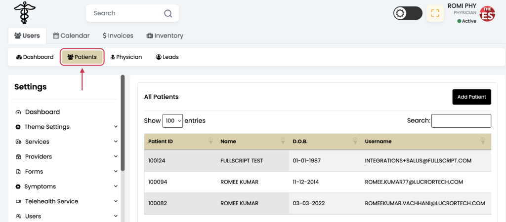 Click the Patients tab.