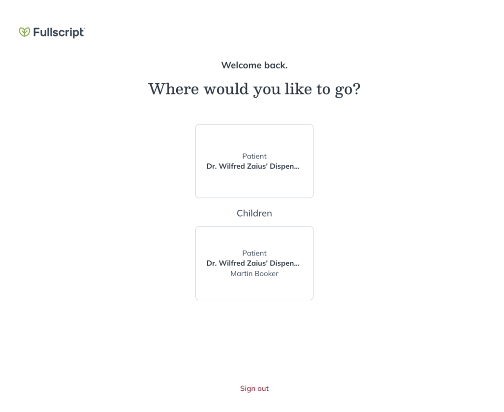 The account selection page featuring a primary account and a dependent account.