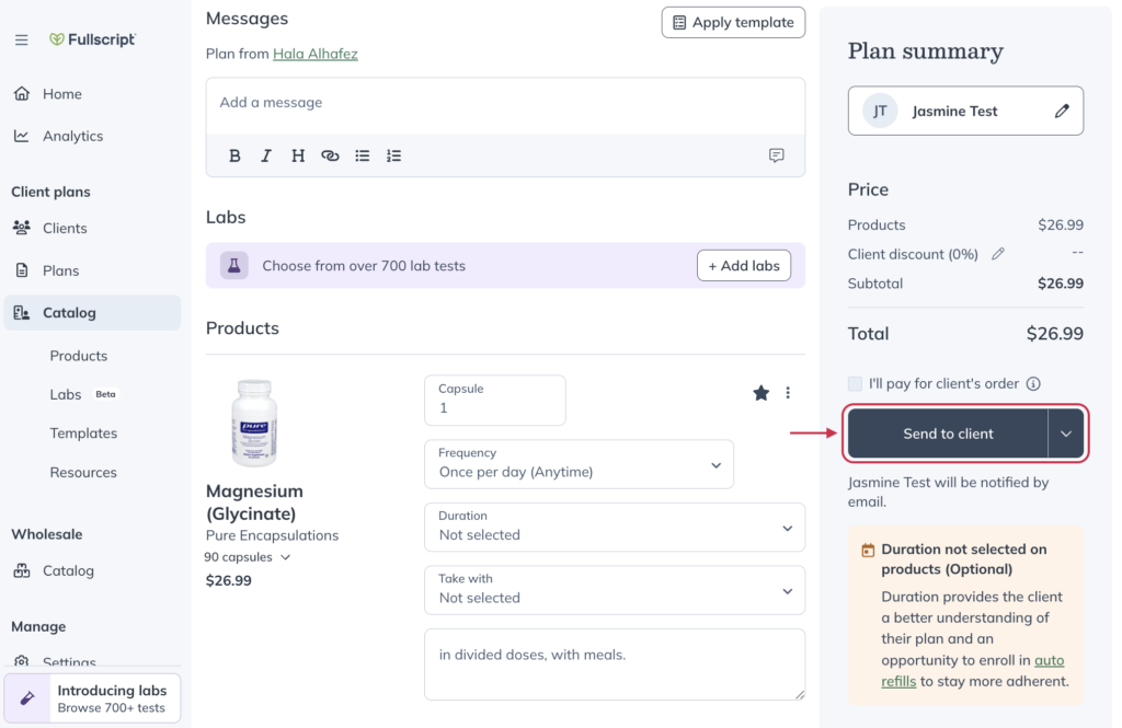 Click Send to Client to send the plan.