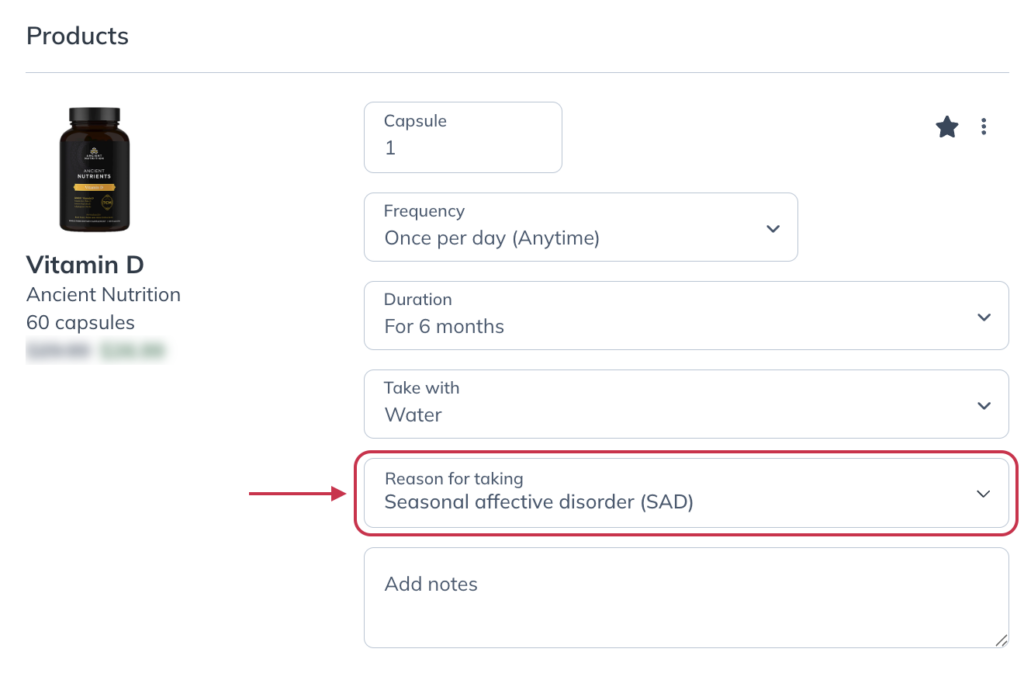 A product with a Reason for taking set by the practitioner.
