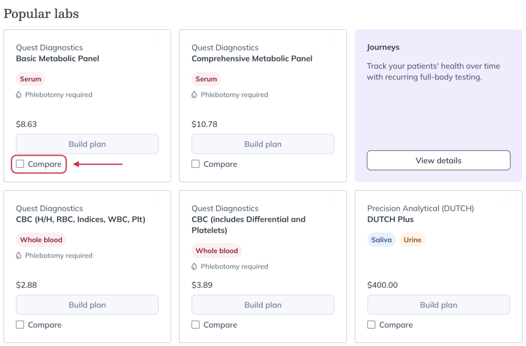 Click the Compare checkbox above a test's name to select it for comparison.