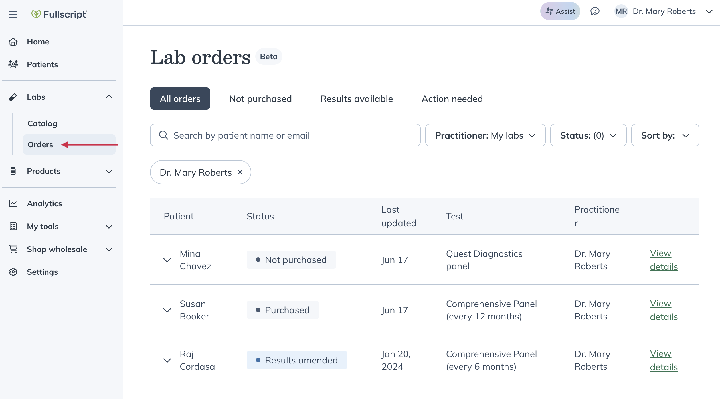 Viewing past lab orders
