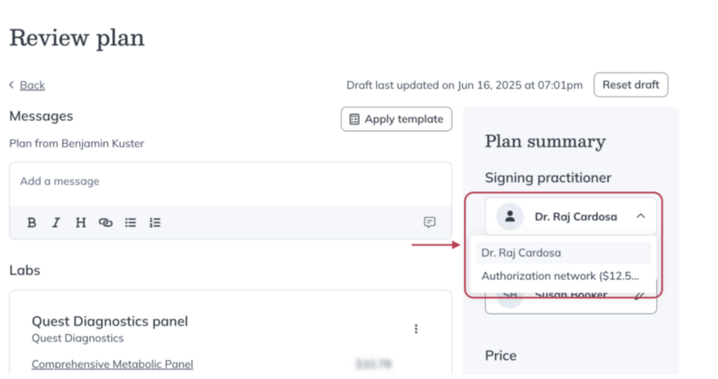 Choosing the signing practitioner or authorization network for a plan from the Review plan tool.