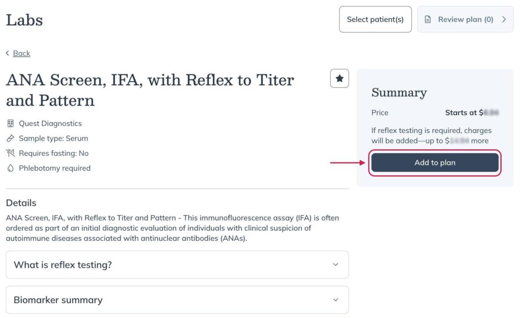 Click Add to plan for the Reflex test.