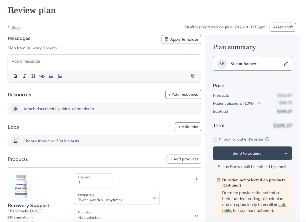 The Review plan page with a plan for a single patient.