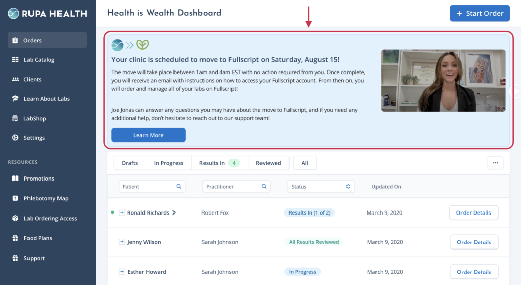 The banner in your Rupa account to remind you of your scheduled move to Fullscript.