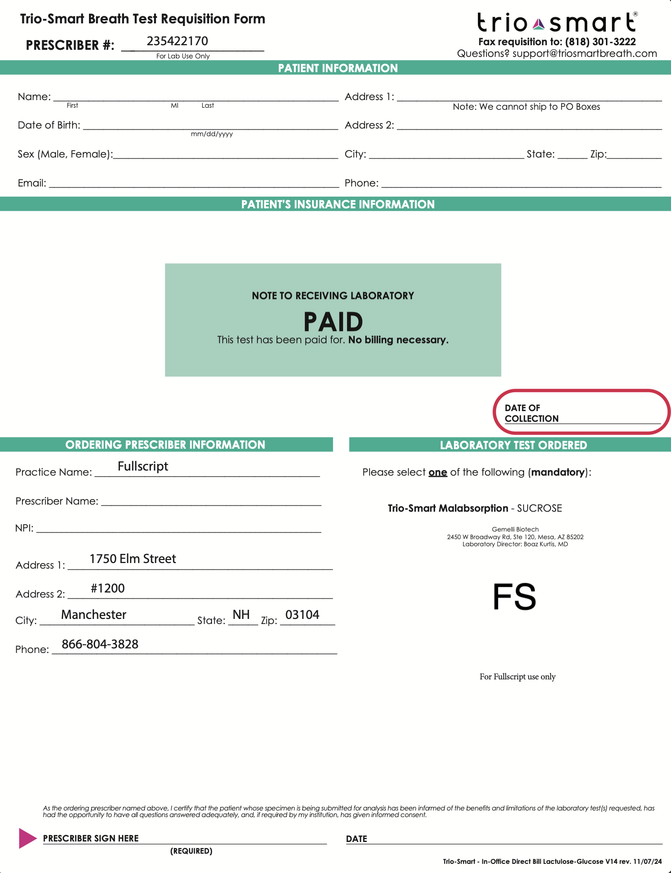 Sample Gemelli requisition.