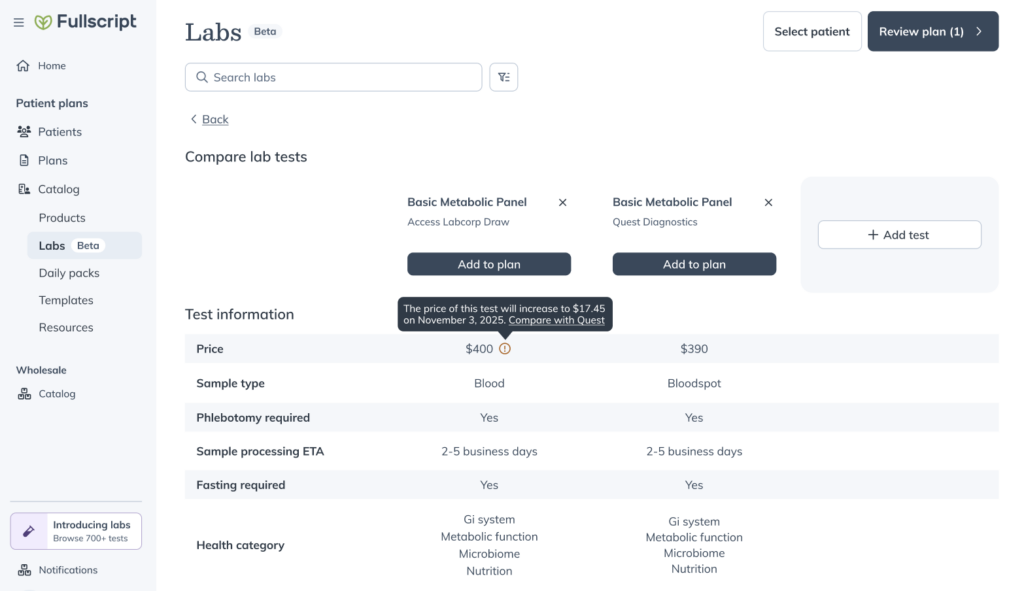 Compare Labcorp and Quest tests.