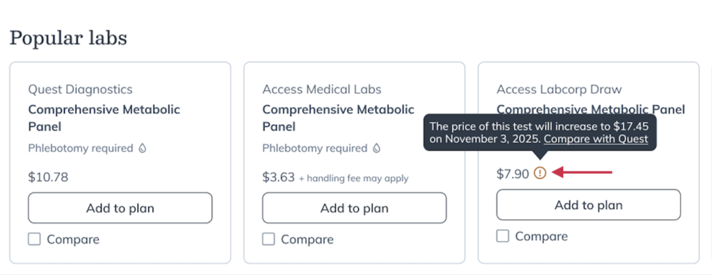 View the price change alert warning icon.