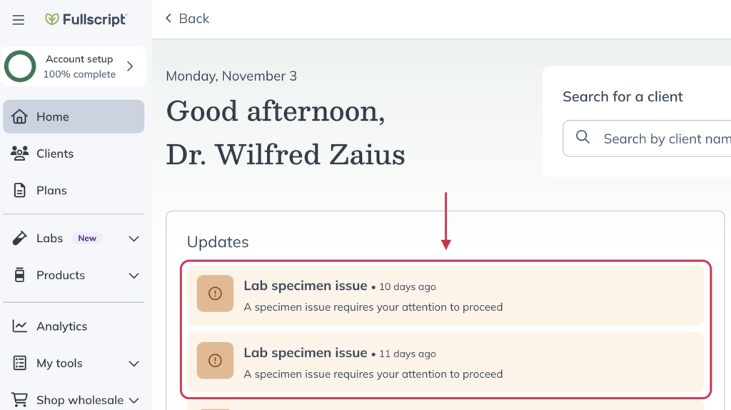 Home page specimen issue alert.