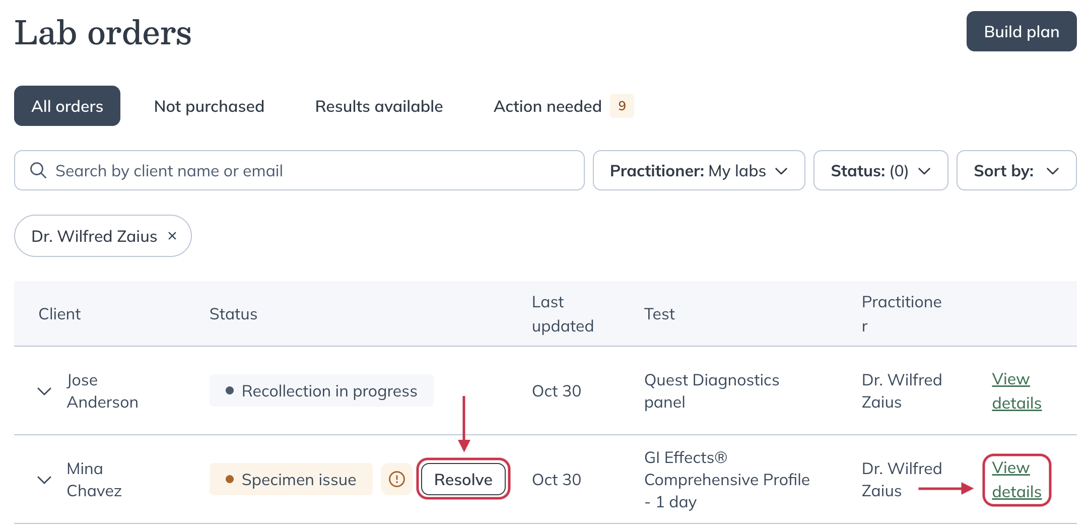 Open resolution options for a specimen issue in Labs › Orders.