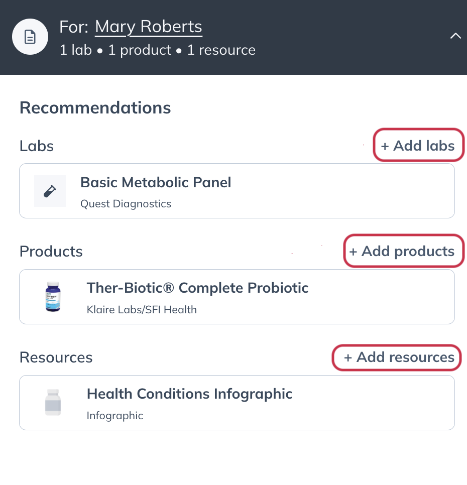 Click Add labs, Add products, or Add resources.