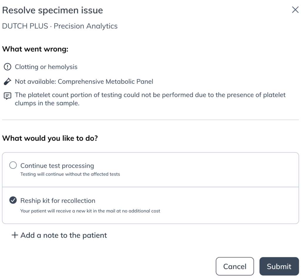 Select option to resolve specimen issue.