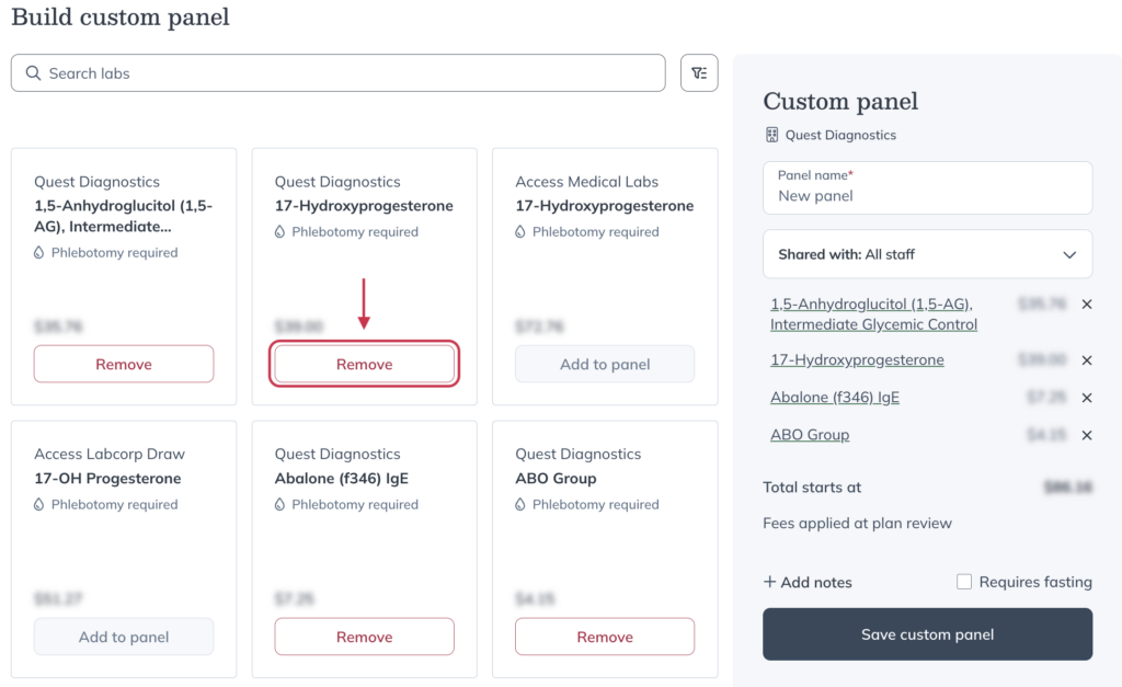 Click the Remove button to remove a test from a custom panel.