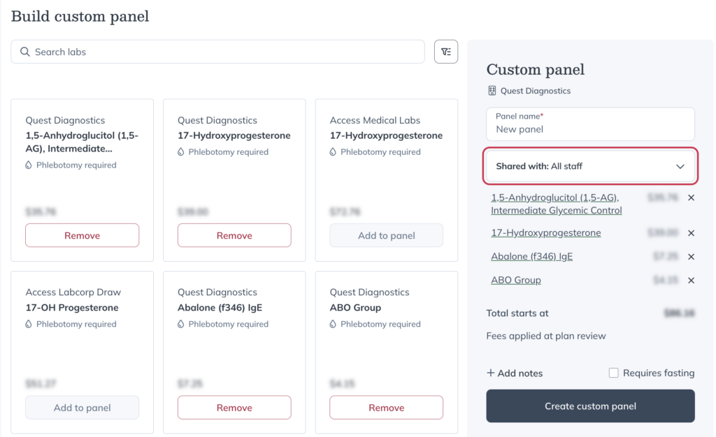 Clicking the Shared with dropdown to choose who to share the custom panel with on the Build a custom panel screen.