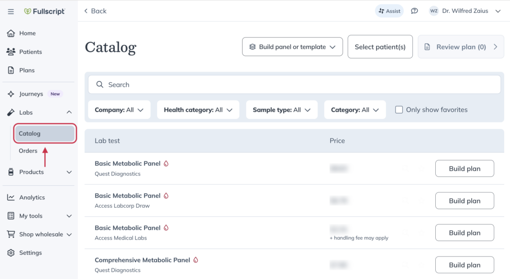Fullscript Labs Catalog with “Catalog” selected and lab tests listed.