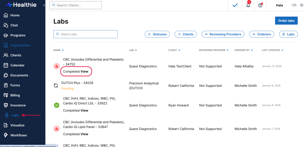 Viewing Fullscript lab results in Healthie.