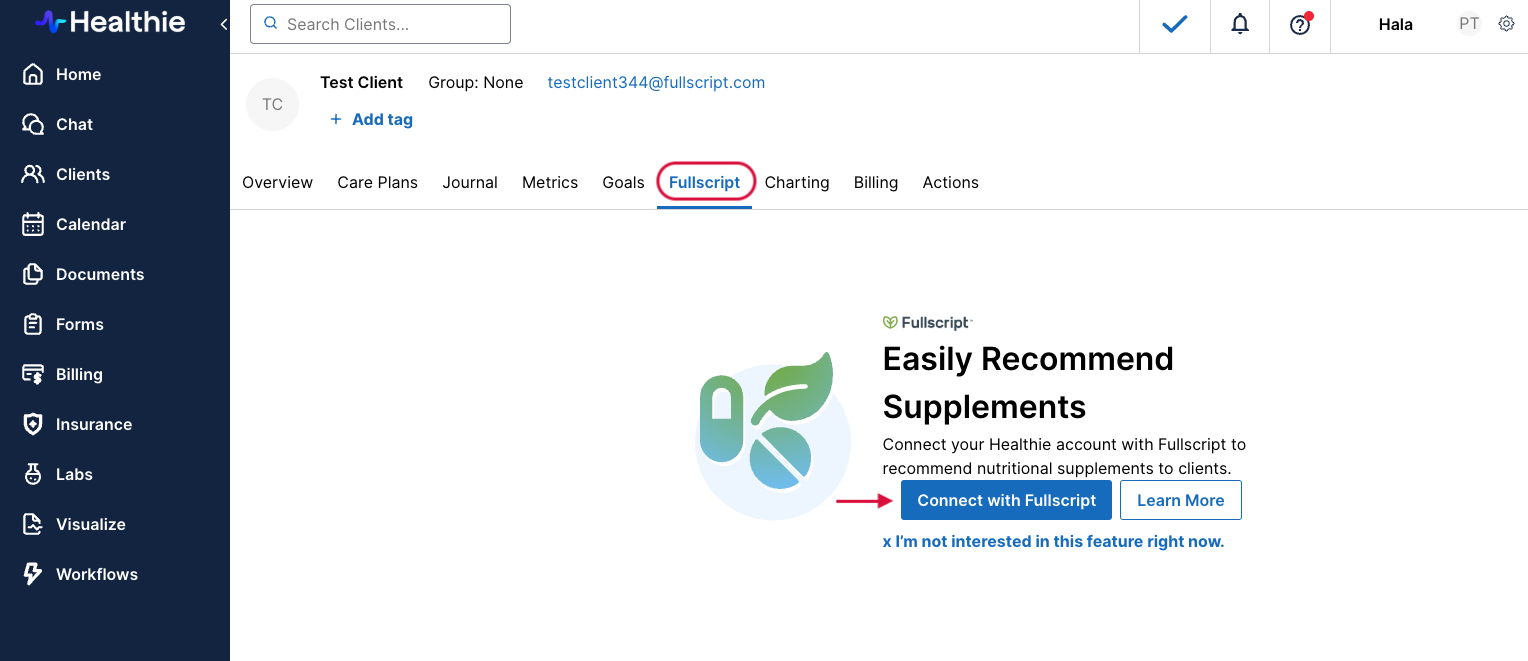Clicking Connect with Fullscript.