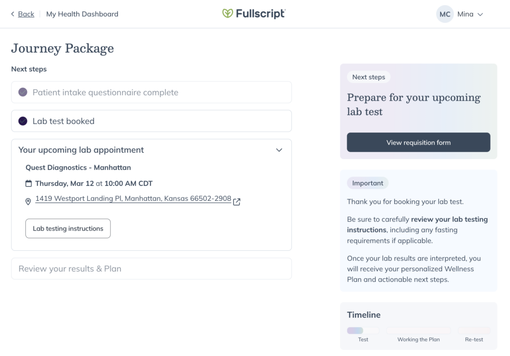 Journey details dashboard showing order status, timeline, and test information.