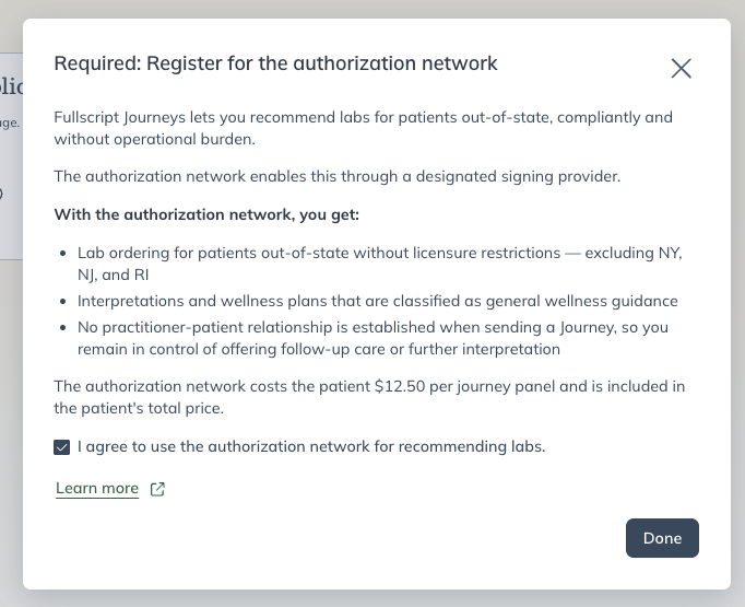 Authorization Network opt-in prompt during Journeys setup