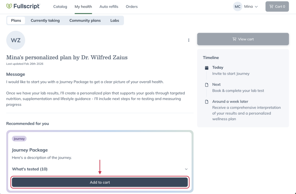 Patient account showing a Journey plan with Add to cart option.