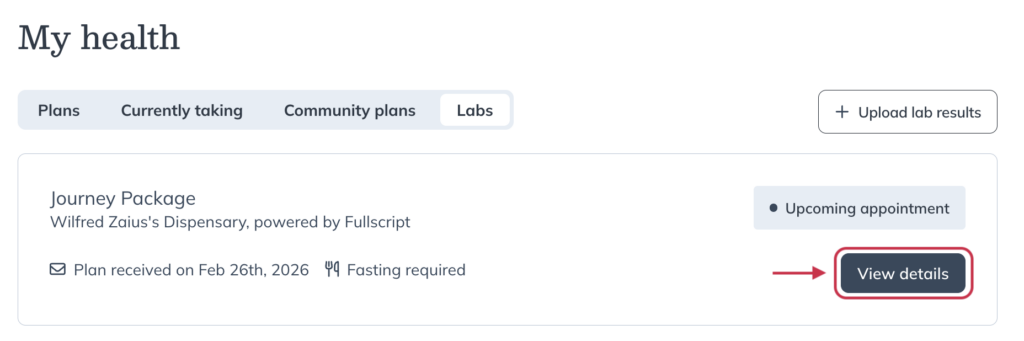 Patient Labs page showing View details option for a Journey order.