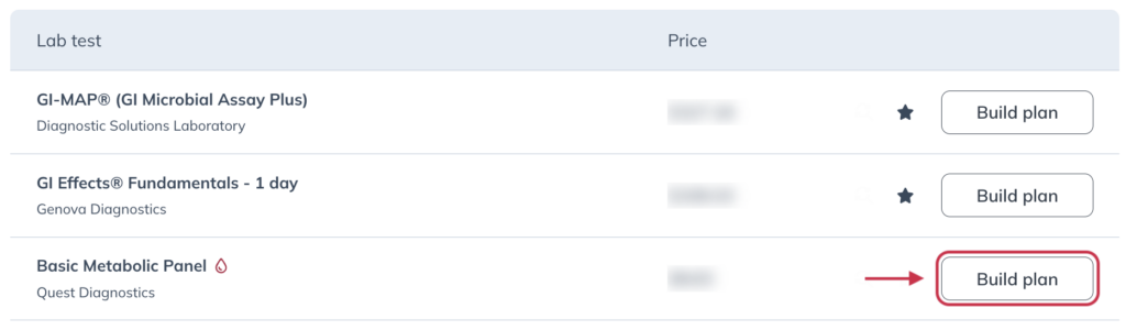 Selecting Add to plan to add a test to a patient plan.