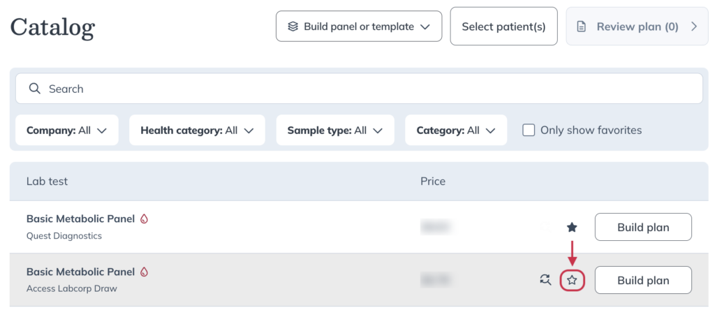 Hover over a test, then select the star icon to add it to favorites.