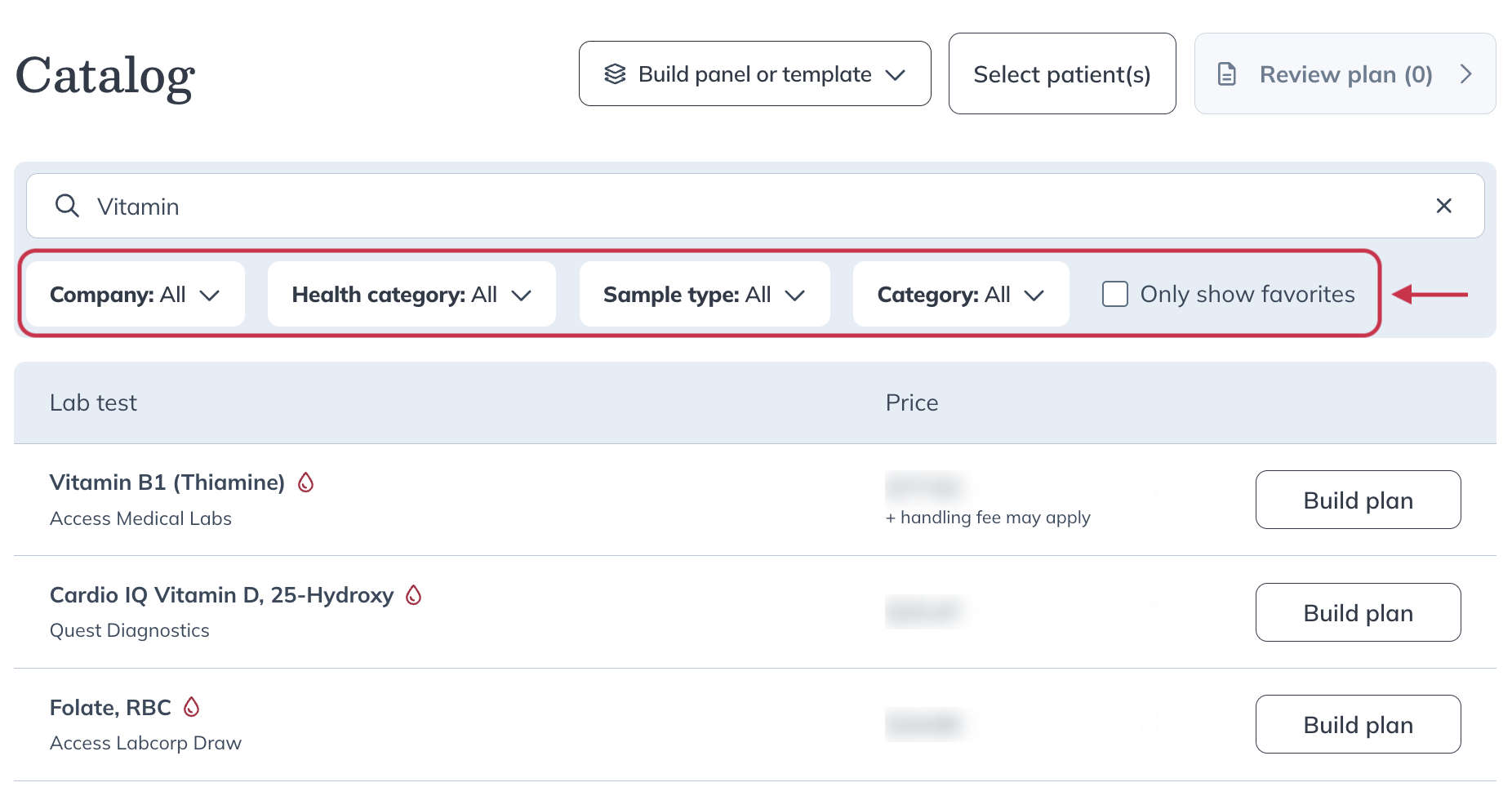 Use the filters under the search bar to narrow results by company, health category, sample type, and more.