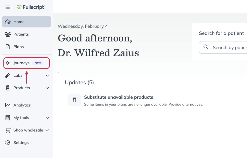 Journeys tab selected in the left-hand navigation of the Fullscript dashboard