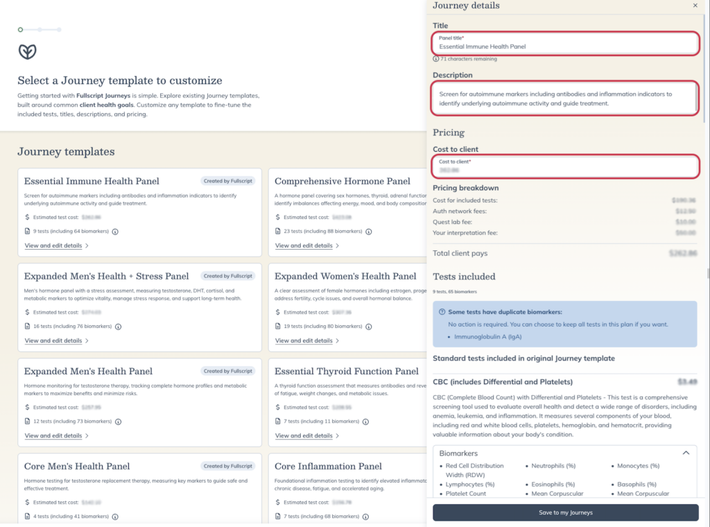 Journey template details drawer showing editable title, description, included tests, and pricing
