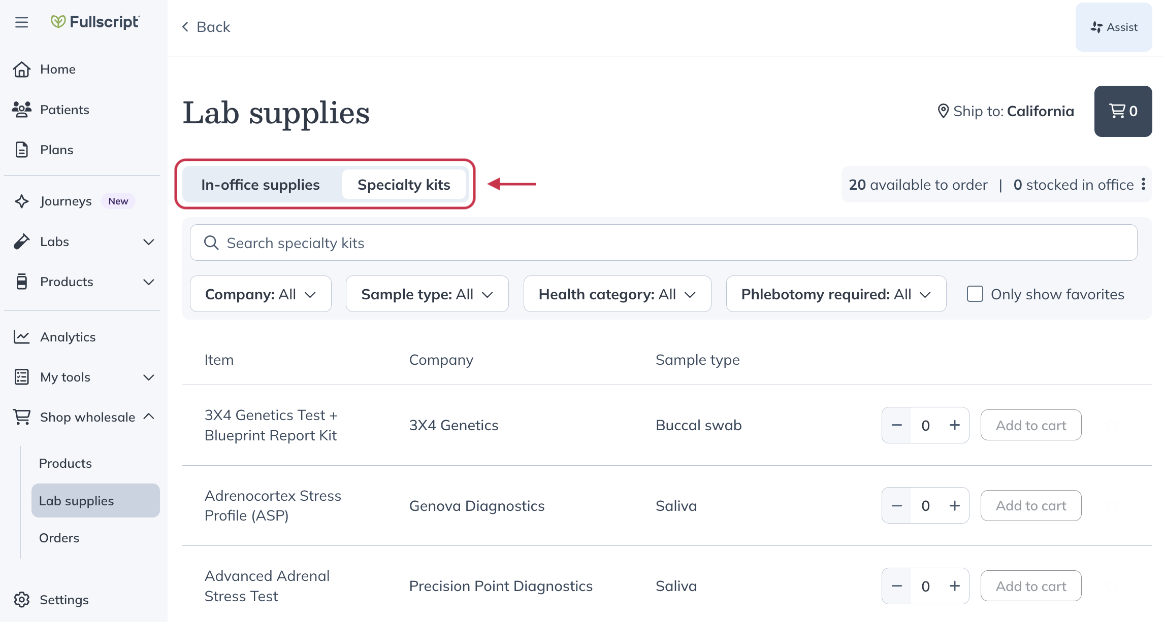 Lab supplies page showing toggle between In-office supplies and Specialty kits.