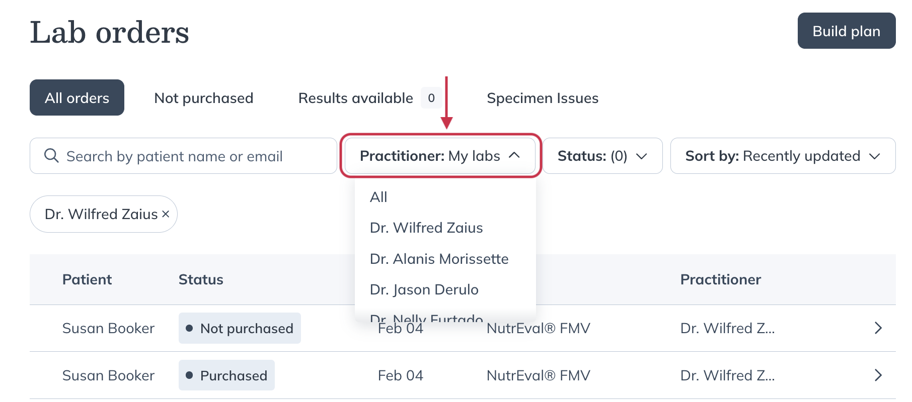Using the Practitioner filter to see lab orders associated with each practitioner.